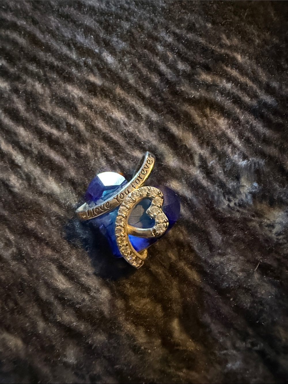Blue Crystal Heart Ring with 'I Love You Forever' Accent